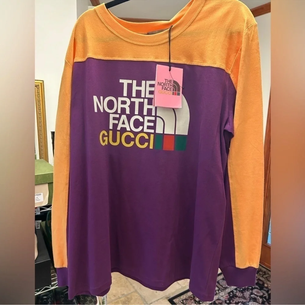 Men’s Gucci, X, the north face, purple, long sleeve T-shirt, size large Italy